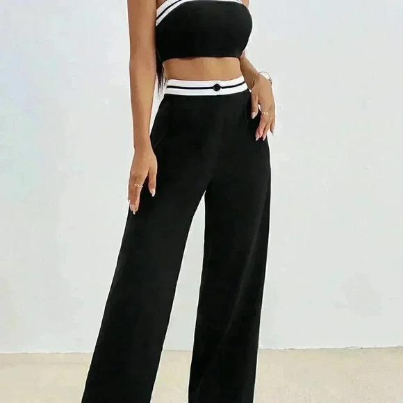 Black Casual Womens Color Block Strapless Top And Straight Leg Pants Set - Picture 2 of 5